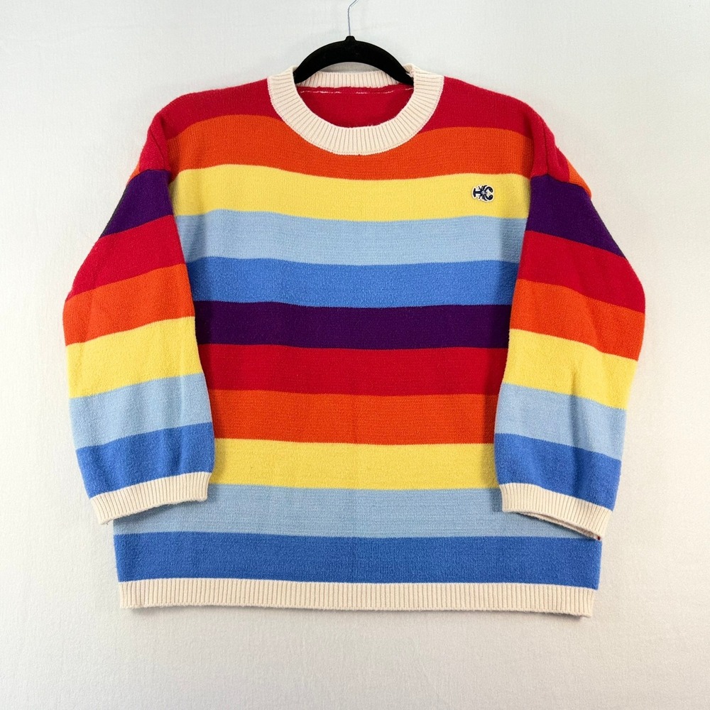 Vintage Style Rainbow Striped Crewneck Sweater Super Soft Lobster Knit Multi